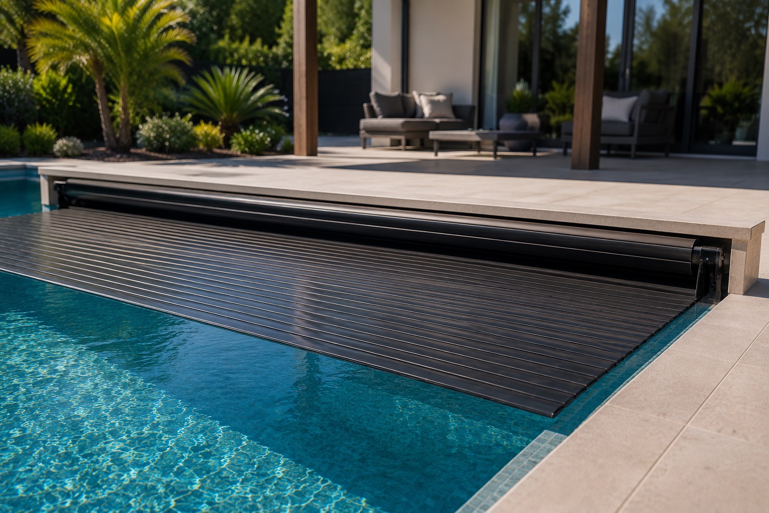 Automatic pool cover installed on an Algarve swimming pool