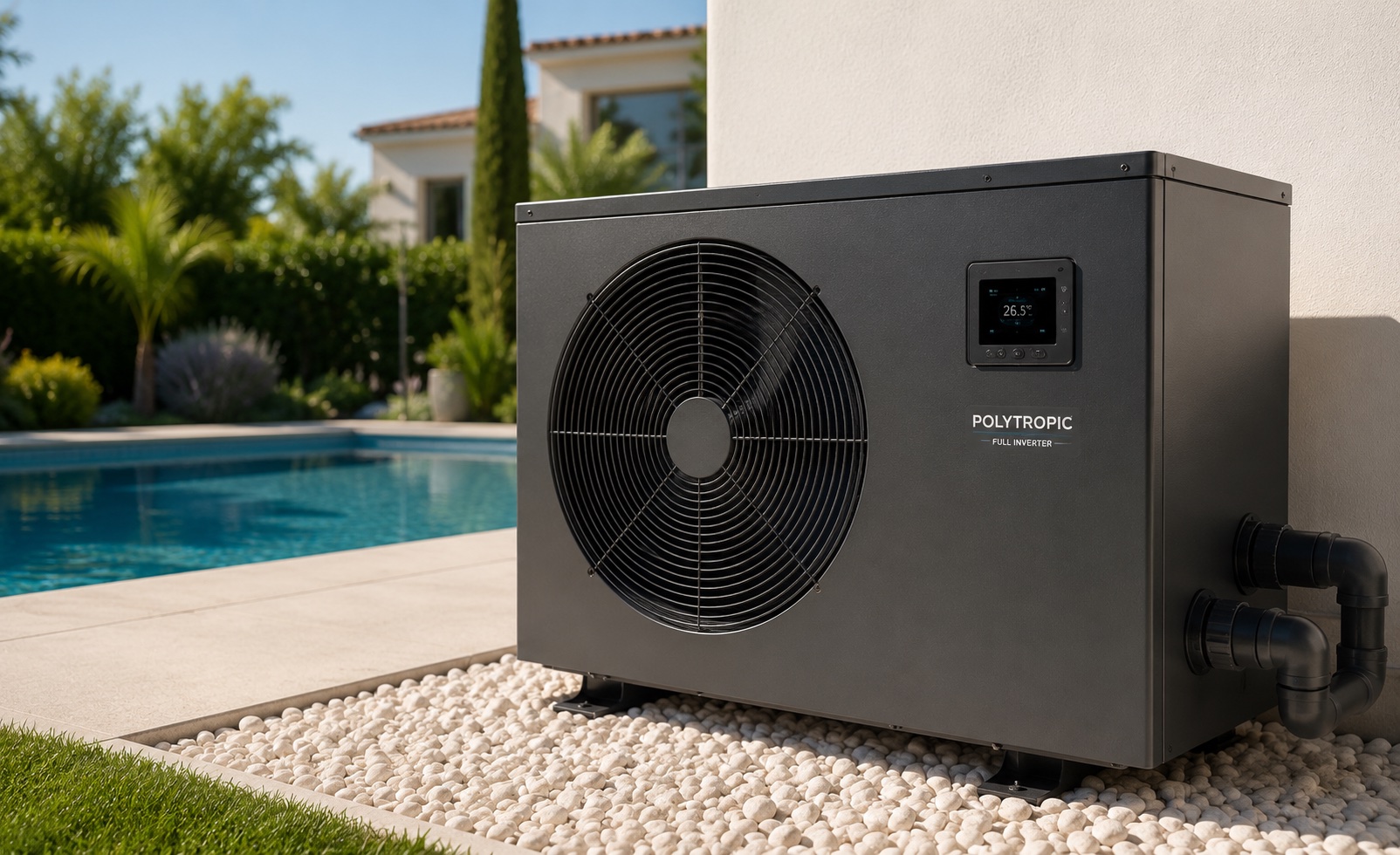 Pool heat pump unit installed beside a swimming pool
